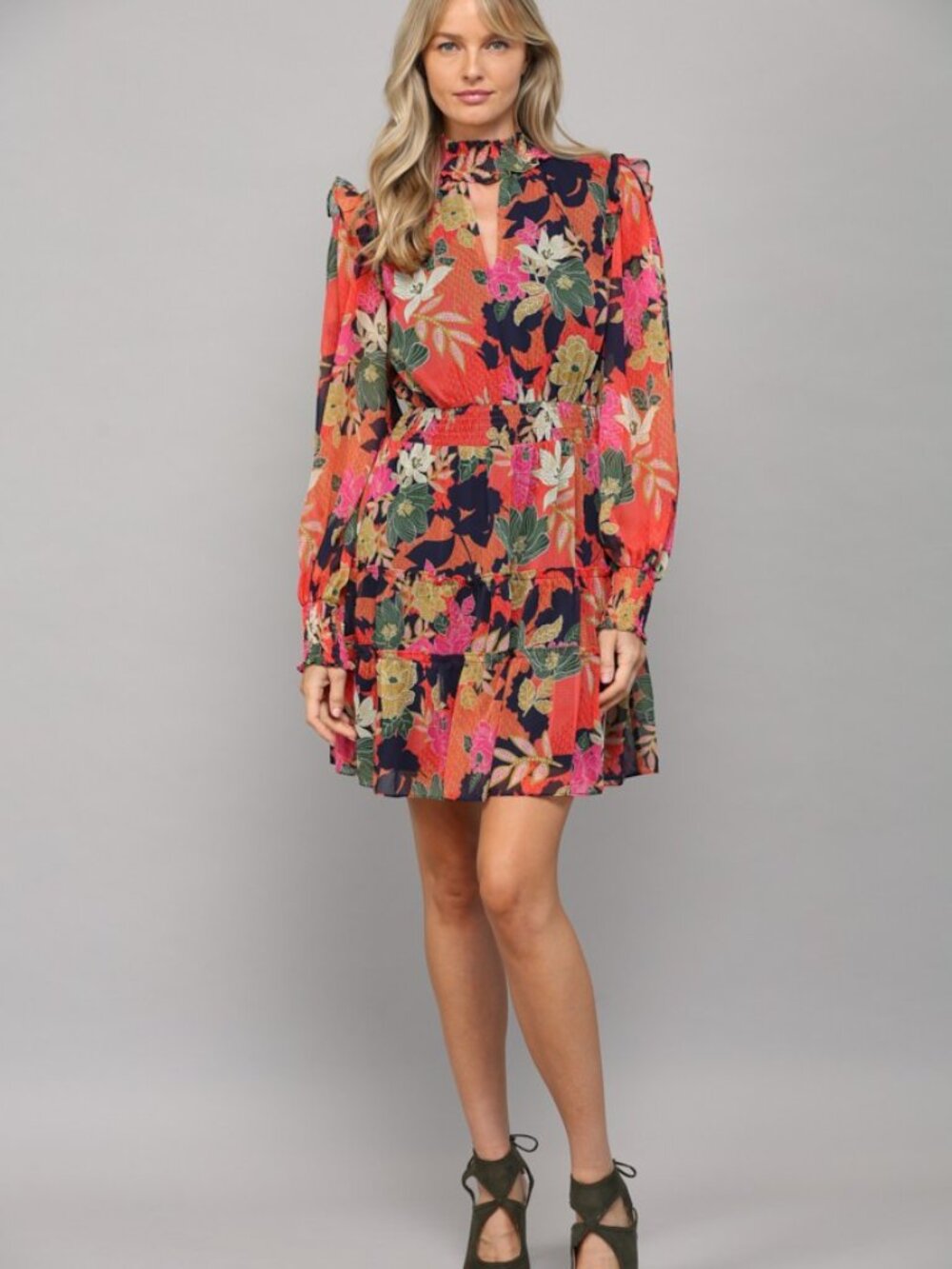 NWT Fate Floral Tiered Mini Dress Keyhole Navy Multi Boho Medium